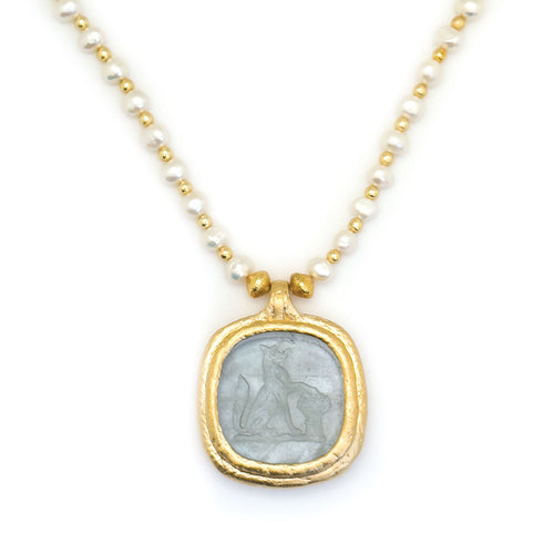 Small Baby Baroque Pearl Necklace with Glass Fox Intaglio